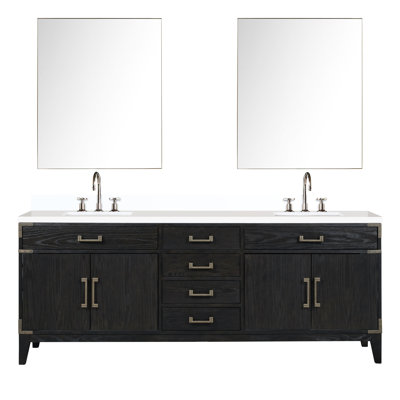 Meuble-lavabo double en chêne noir avec robinet et 36 miroirs à portée de main - comptoir en quartz poli avec salle de bain