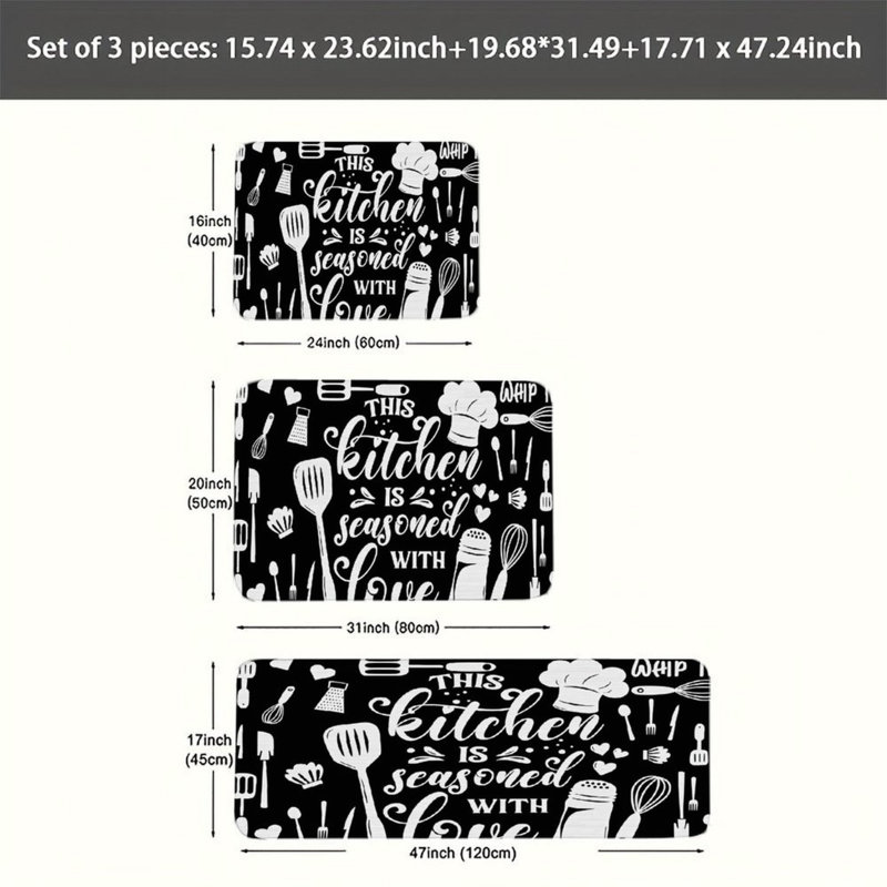 Black Background Kitchen Quote Set Of 3 Kitchen Rug Set