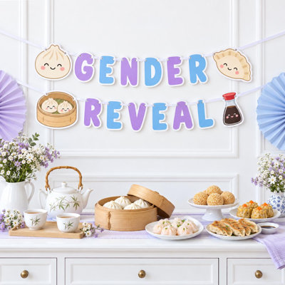 Our Little Dumpling Gender Reveal Banner, Lavender Blue Dim Sum Letter Garland with Bao Gyoza and Bamboo Steamer