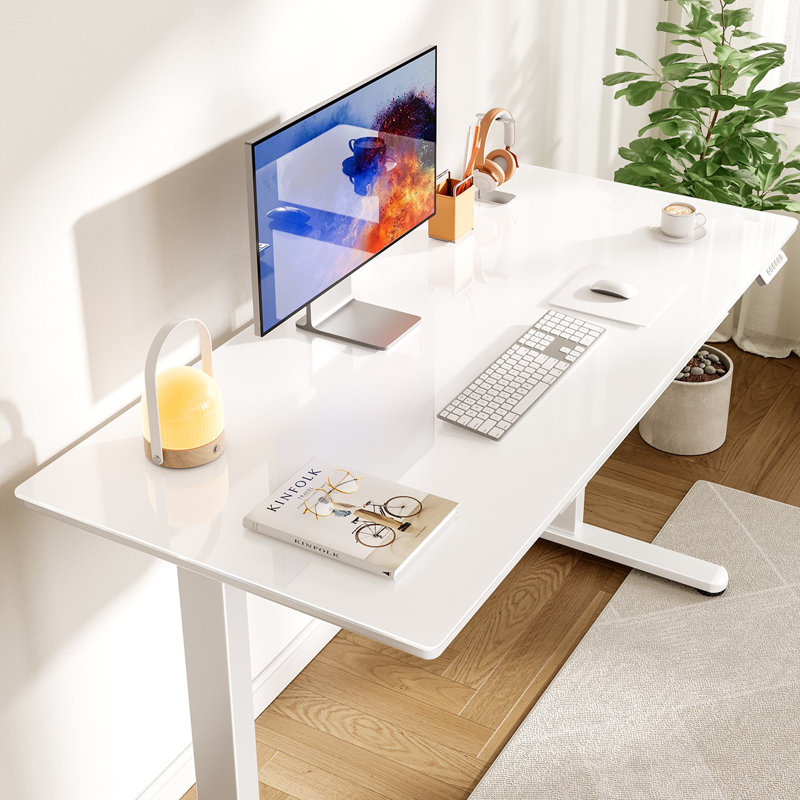 Glass Standing Desk with Writable Surface and Built-In Storage Drawers, Adjustable Height, 28.3" H x 55.1" W x 27.6" D, White