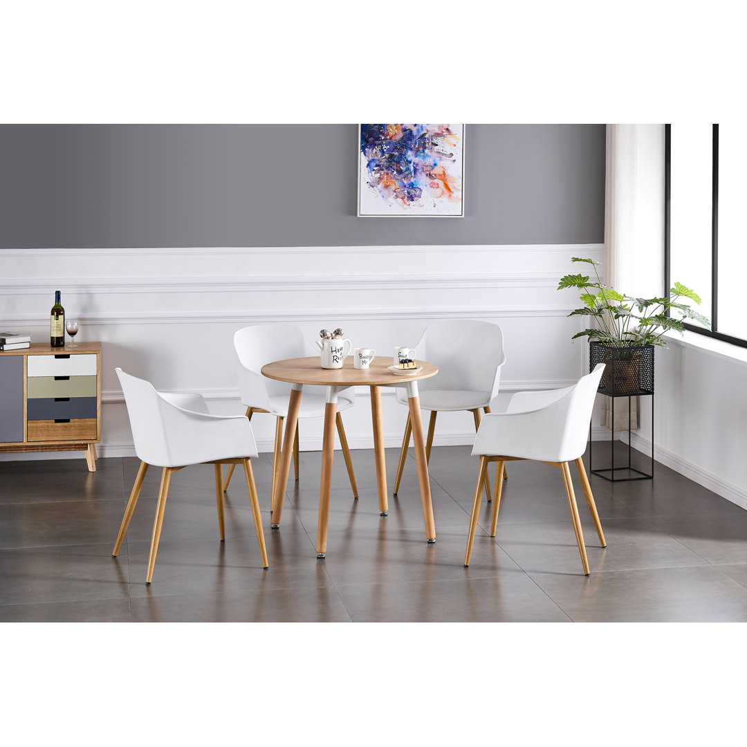Topsham 4 Person Dining set - a Round Plastic Dining Table with Wooden Legs and a Set of 4 Faux Leather Cushion Padded Dining Chairs for Dining Room -