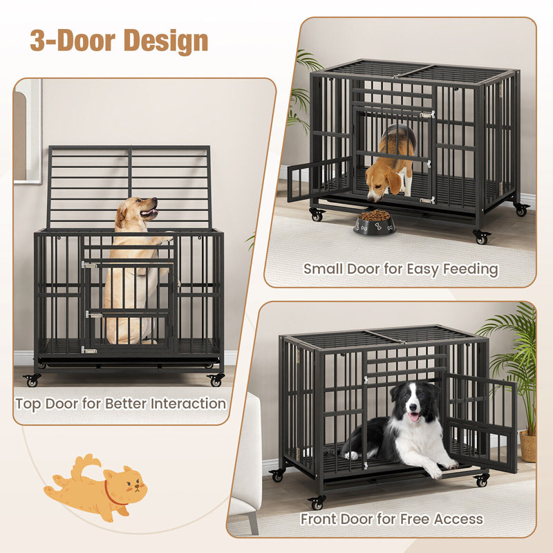Heavy-Duty Black Metal Foldable Dog Cage with Wheels