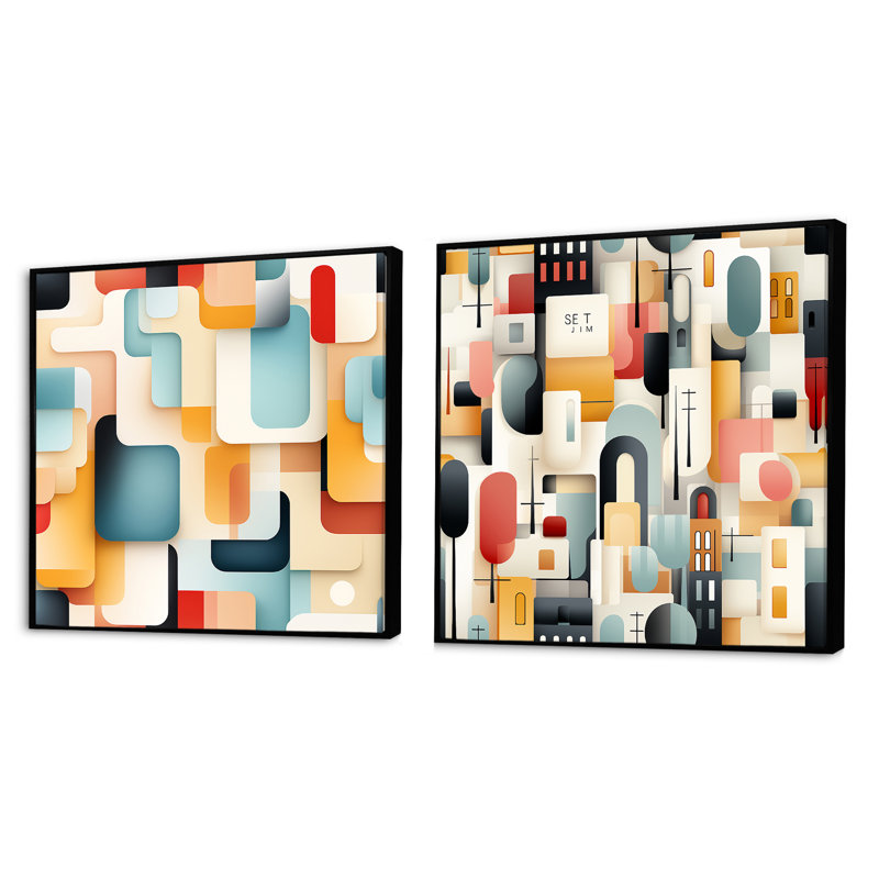 Cyenthia - Ensemble de 2 collages carrés à formes abstraites, Cadre flottant noir, H 30 po x l 61 po