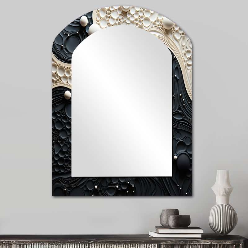 «Blue White Tranquil Waters II - Botanicals Arch Large Mirror», art mural en métal, 34 po x 25 po