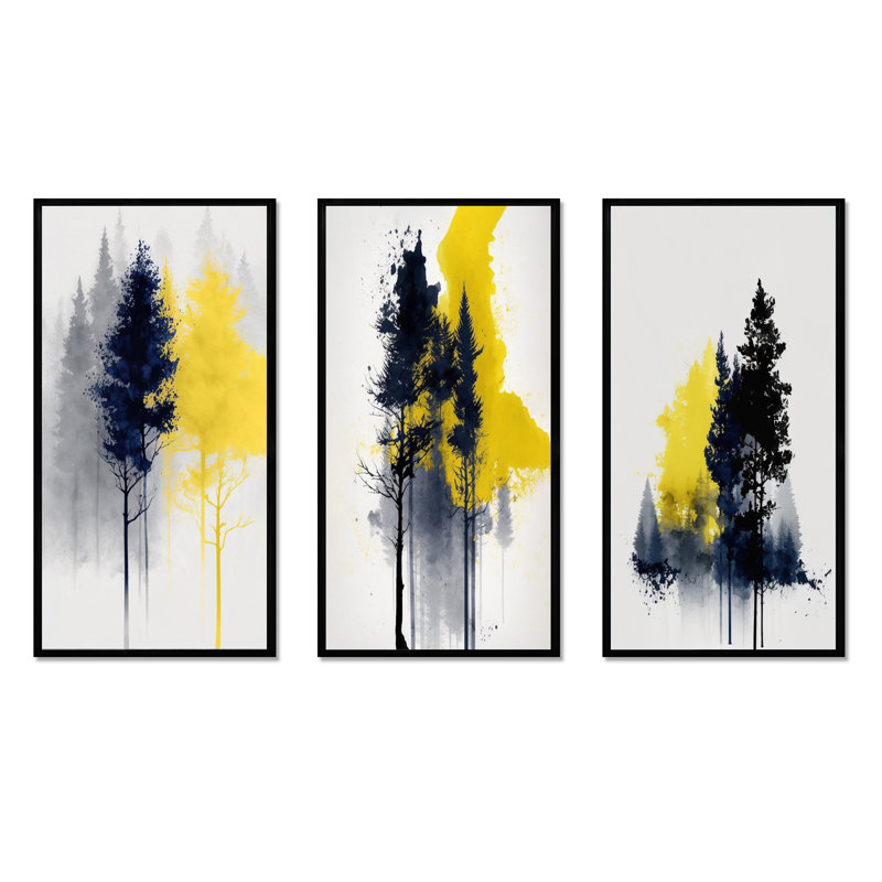 «Yellow Majestic Forest», 3 pièces sur toile, Cadre flottant noir, H 40 po x l 60 po