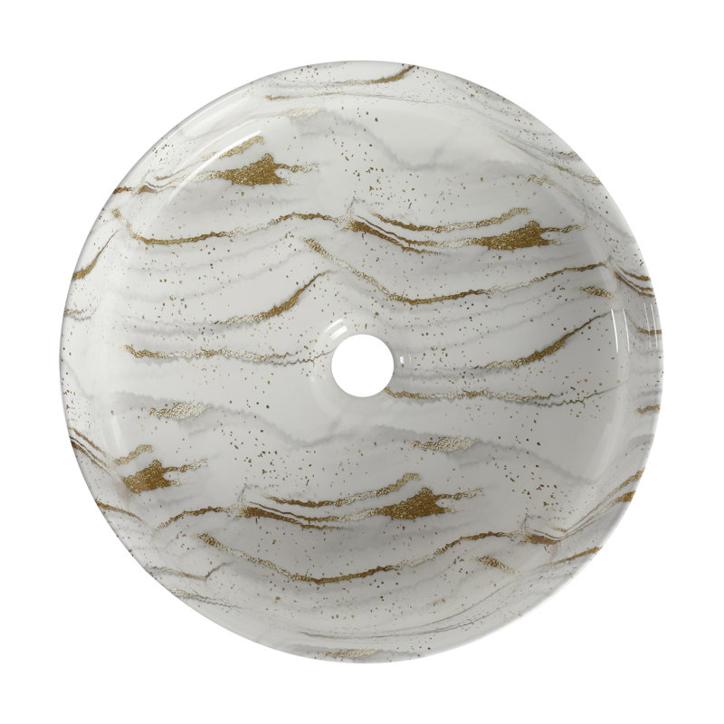 Lavabo de salle de bain rond en céramique avec motifs gris, Blanc / Doré
