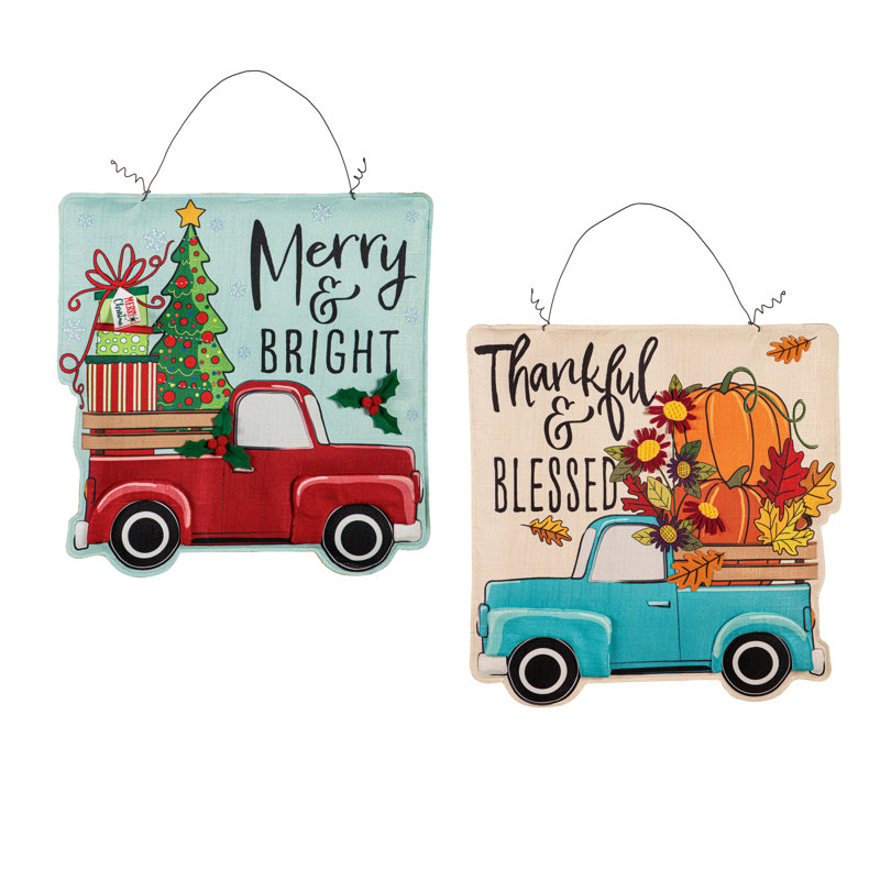 Décoration de porte double face Thankful & Blessed Fall Truck / Christmas Truck