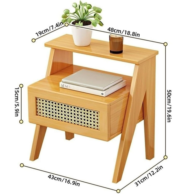Modern Solid Wood Side Table with Rattan Drawer – 2-Tier Nightstand with Open Storage Shelf, Natural