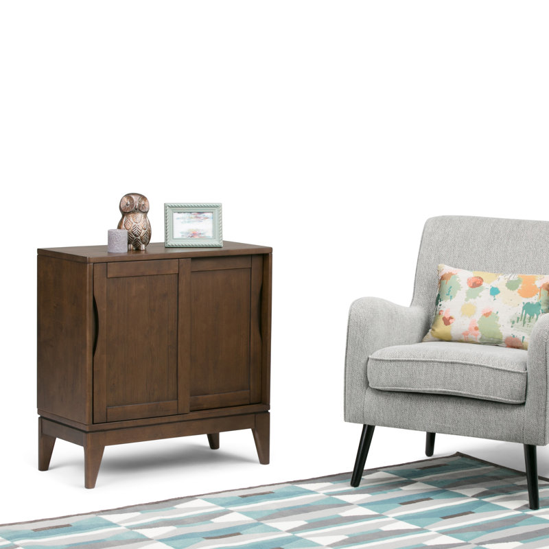 Harper 30"W Solid Hardwood Mid-Century Modern Low Storage Cabinet With Sliding Doors, Walnut Brown