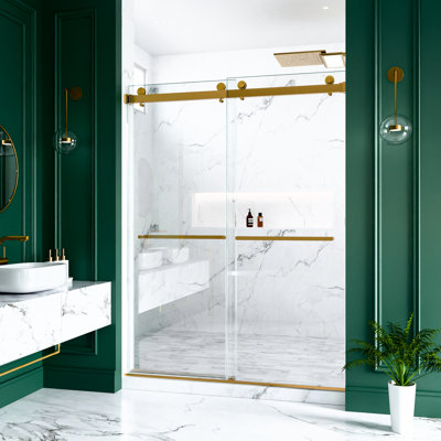 Porte de douche coulissante double de 56 po à l 60 po x H 80 po, verre trempé de 10 mm de 3/8 po, or brossé, installation réversible, avec film fracassant, rail imperméable, poignées en acier inoxydable 304 de H 80 po
