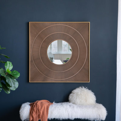 40" x 40" Square Carved Mirror with Pleated Design with Gold Iron Frame, Neutral Colorway Wall Decor for Living Room Bathroom Entryway
