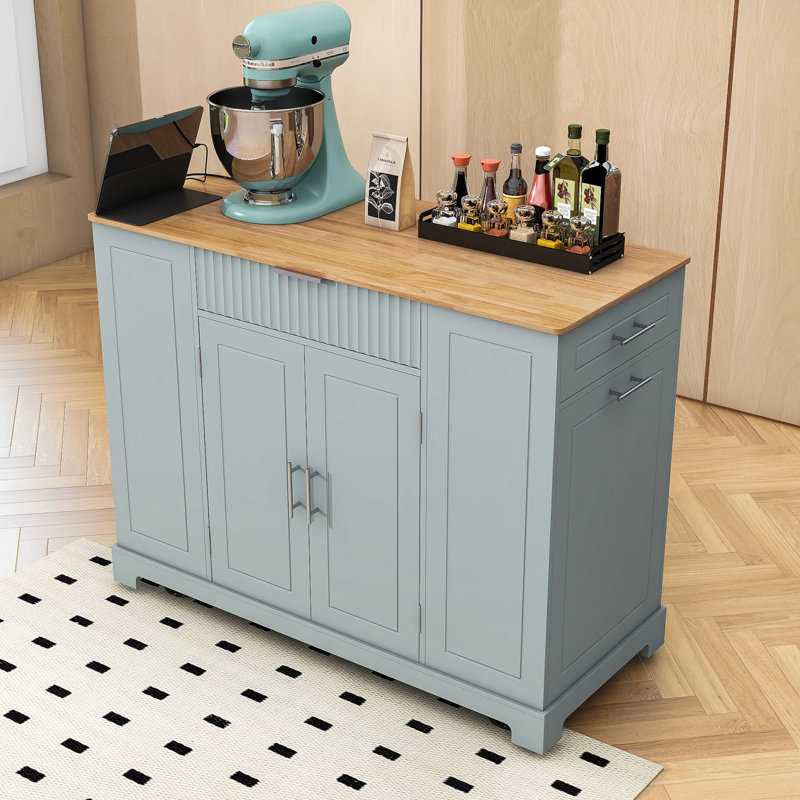 Chariot roulant pour îlot de cuisine avec prise de courant intégrée, rangement et poubelle, Bleu gris