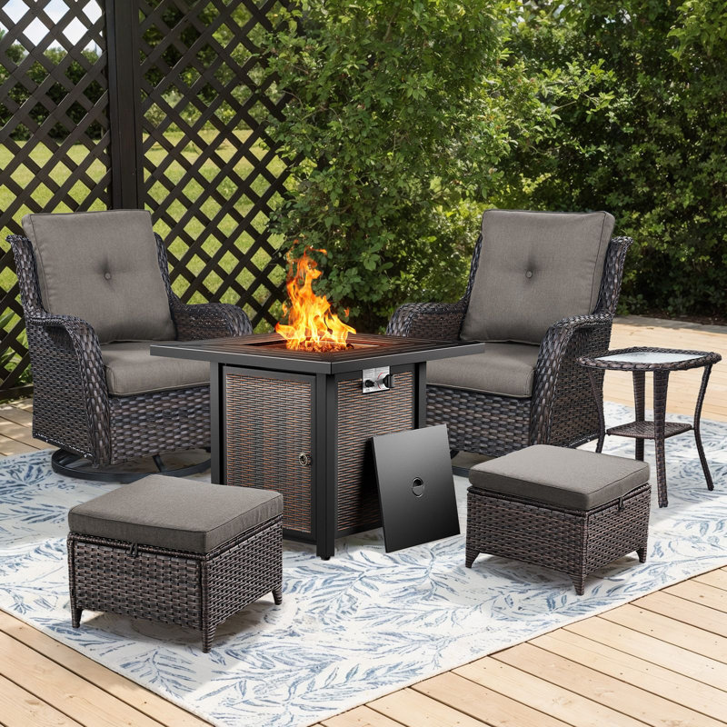 Ensemble de foyer d'extérieur 6 pièces avec chaises pivotantes, repose-pieds et table d'appoint Wendye pour terrasse, jardin, terrasse