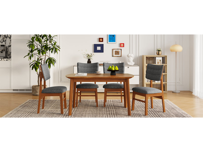 Mid-century Modern Dining Table Set for 4, Solid Wood Dining Table and Solid Wood Chairs, 5 Piece Farmhouse Dining Table and 4 Upholstered Chairs for Home, Kitchen, Apartment, Space Saving