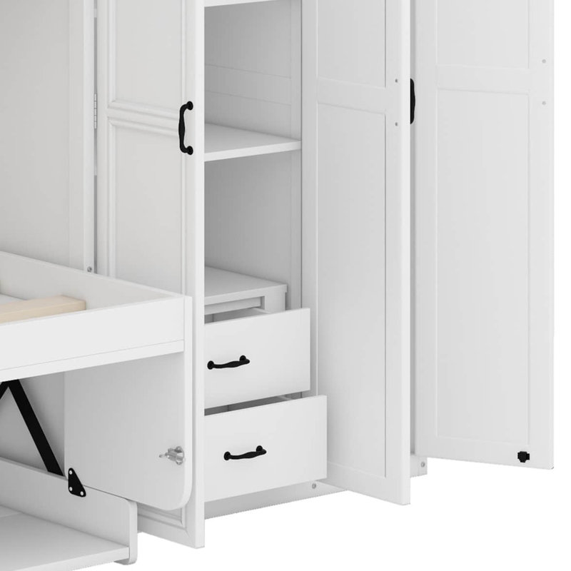 Lit escamotable simple avec armoire murale, armoire et bureau, Blanc