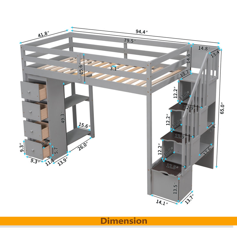 Lit mezzanine simple avec tiroirs et tiroirs de rangement, lit mezzanine en bois avec tablettes, Gris