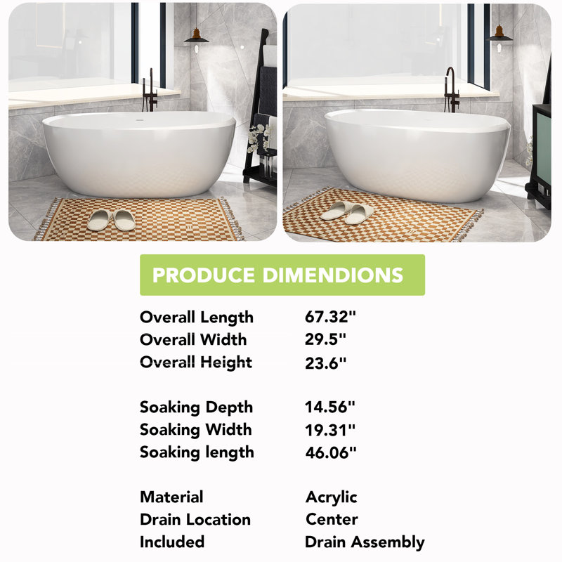 67.32'' x 29.5'' Freestanding Soaking Acrylic Bathtub