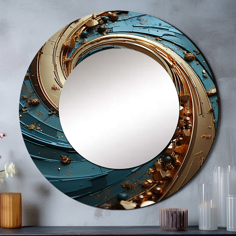 Sabastin bleu doré Timeless Turn Vortex II - miroir mural spirales abstraites, miroir décoratif rond bleu, impression sur métal