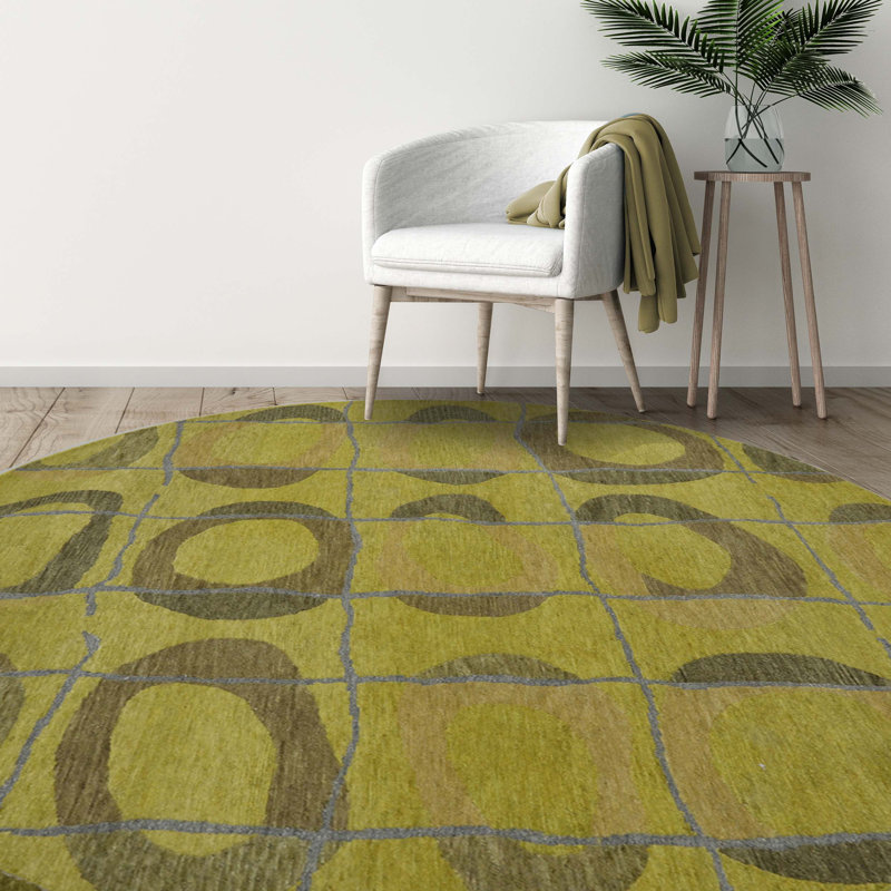 Hand Knotted Wool Geometric Area Rug, Round 6'