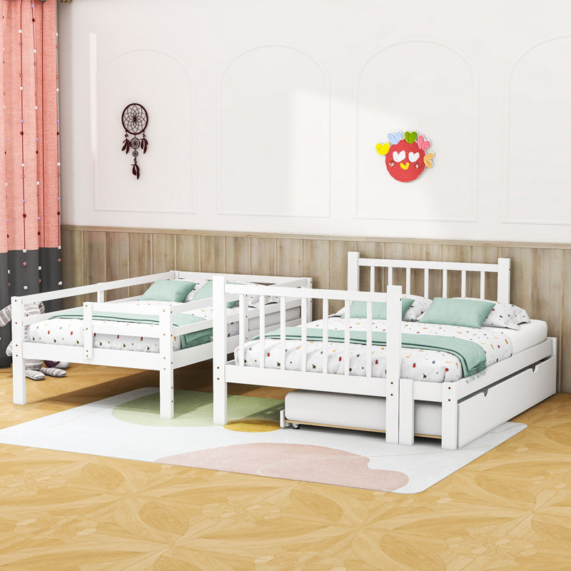Lit superposé en bois à 4 tiroirs Dothan avec lit gigogne simple Dothan, Blanc