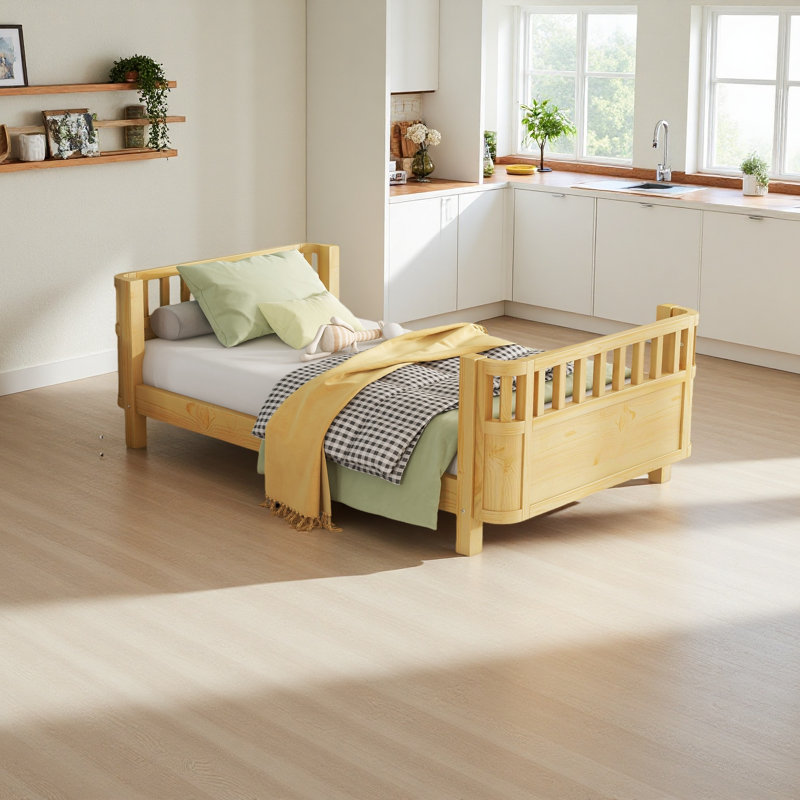 Lit plateforme simple en bois pour enfants, lit simple en bois à profil bas avec rails pour filles et garçons