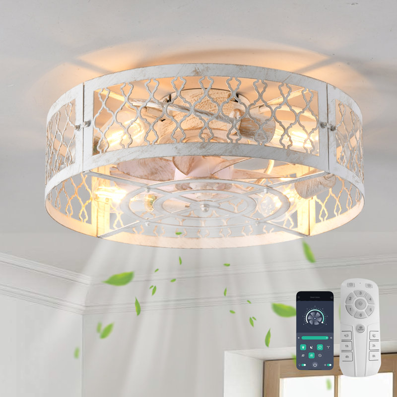 50cm Farmhouse Reversible Caged Ceiling Fan with Light Kit and Remote, Distressed White