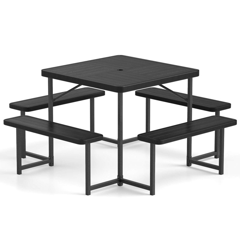 Picnic Table Bench Set For 4-8 People With Umbrella Hole All-weather Hdpe Tabletop White, Black