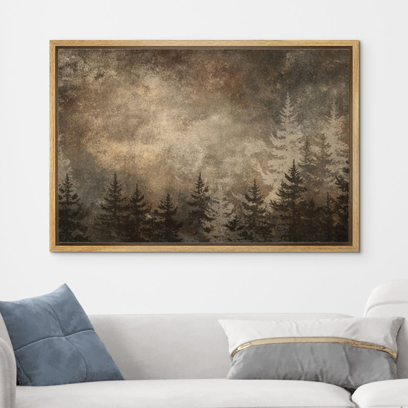 Rustic Forest Silhouette With Textured Sky Framed Canvas Master Bedroom Wall Art Work Print, Natural, 16" H x 24" W x 1.5" D