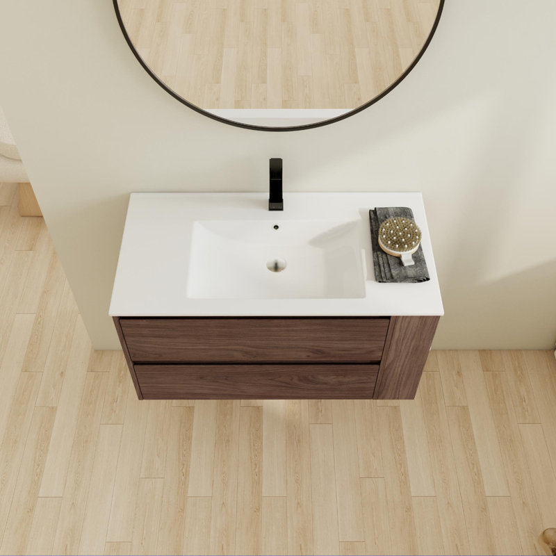 Meuble-lavabo simple 36 po avec plateau en céramique Tanea, Chêne brun