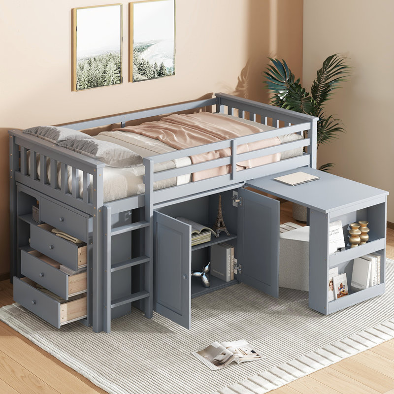 Twin Loft Bed With Storage Cabinet, Drawer And Shelf Cabinet And Pulling-Out Desk, Grey