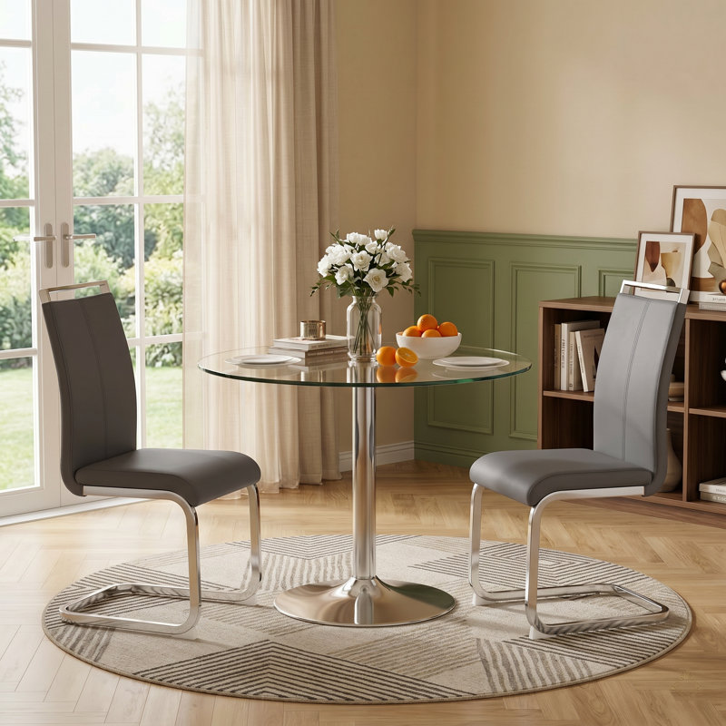 Modern Faux Leather Upholstered Dining Chairs Set of 2 with Chrome Base and Handles, Dark Gray
