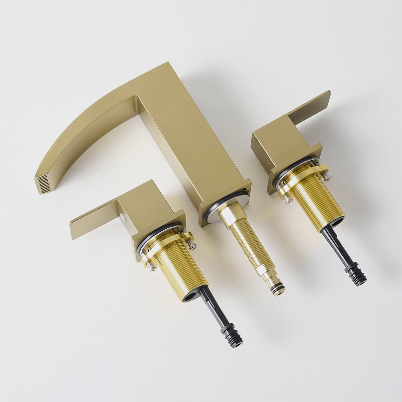 3 Hole Widespread Bathroom Vanity Faucet In Brushed Gold, 8 Inch, Stainless Steel, Double Lever Design, Manual Operation Gold Inch Sink With Holes, Operation, Contemporary Style, Cartridge Valve, Side