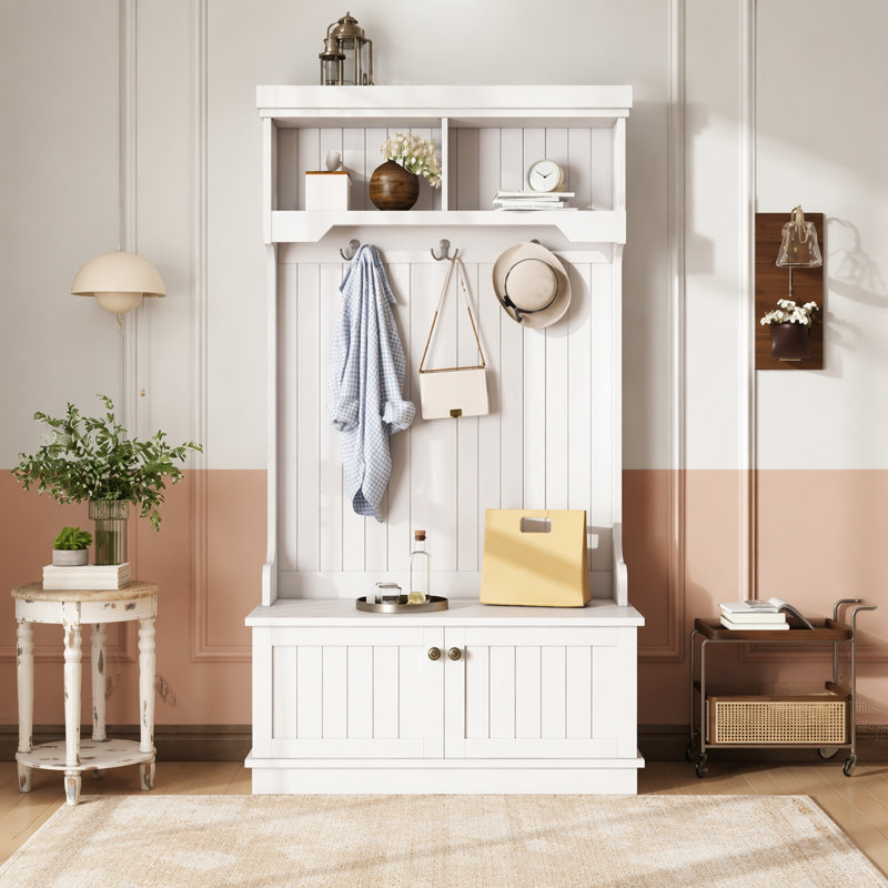Hall Tree with Storage Shoe Bench for Entryway and Hallway, 4in1 Design Coat Racks with Hooks for Living Room, White