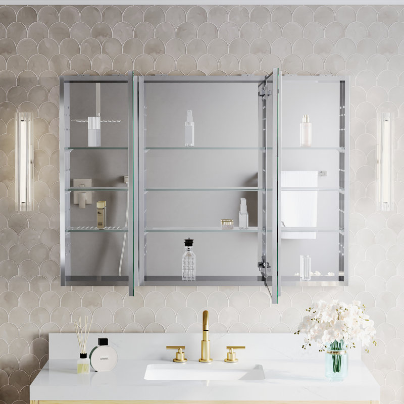 Ensemble d'armoire à pharmacie encastrée ou murale de salle de bain avec miroir et étagères en verre ajustables, 44 po L x 32 po H