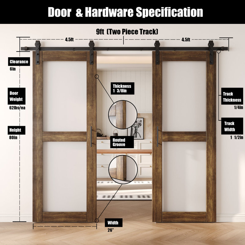 Portes de grange non assemblées et finies en verre noyer double 26 po x 80 po Homquer, 26 po x 80 po