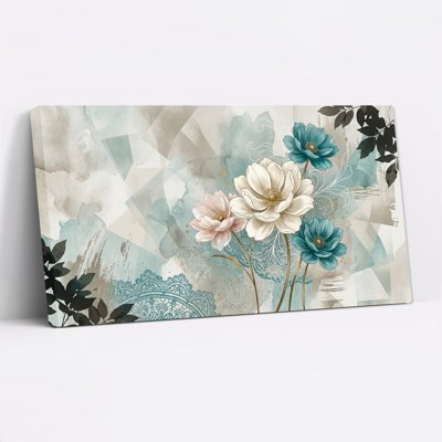 Toile murale abstraite à l'aquarelle avec des fleurs blanches et turquoise