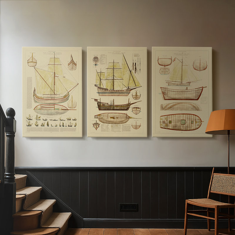 Antique Ship Plan I - Toile tendue avec châssis sur mesure - 3 pièces, H 12 po x l 24 po