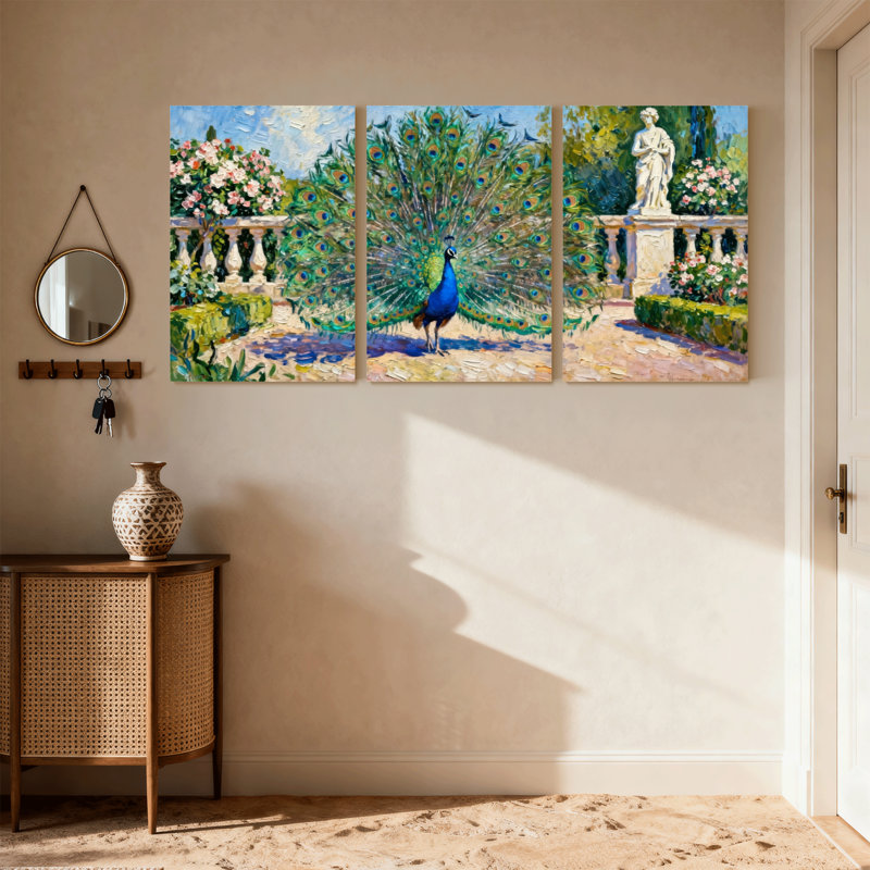 Oiseaux paon dans un jardin avec statue et fleurs, ensemble de 3 impressions sur toile, H 30 po x l 60 po