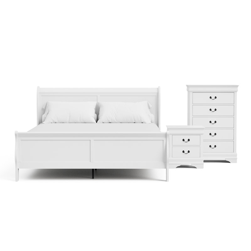 Ensemble de chambre à coucher Aberdeen, Simple, Blanc, Ensemble de 3 pièces : lit, table de chevet, comm
