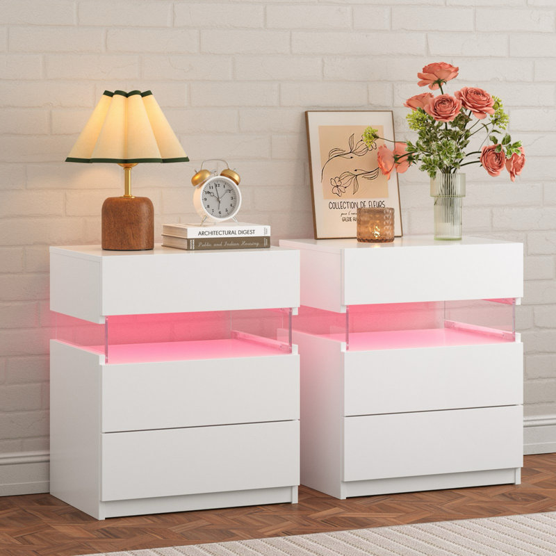 Gold and Gray Acrylic LED Nightstands with 3 Drawers