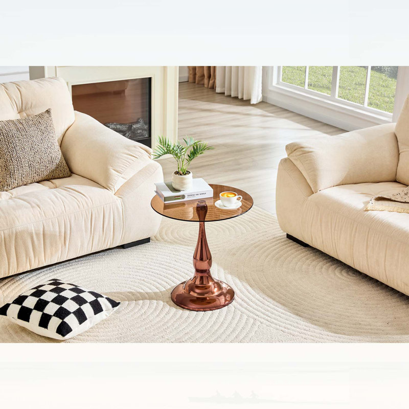 Petite table d'appoint en métal avec plateau rond en verre trempé, Brown,Rose Gold