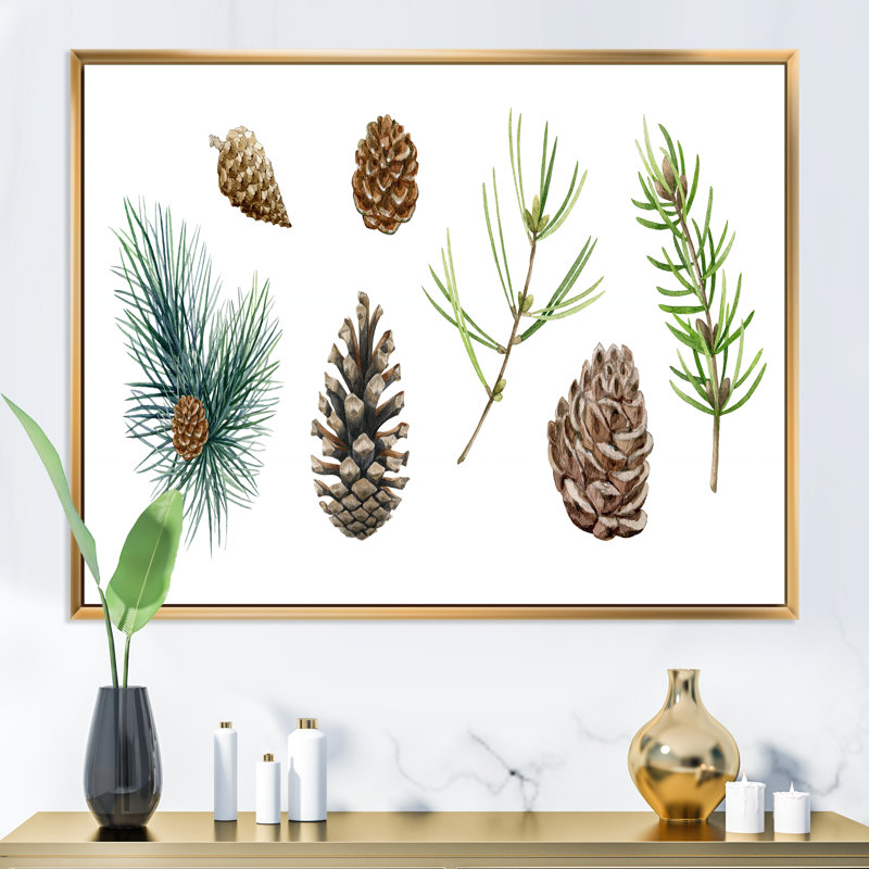 Ensemble de branches de pin - reproduction sur toile, H 34 po x l 44 po, Toile à cadre flottant doré
