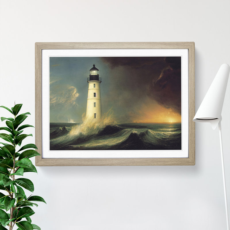 Dashing Lighthouse Seascape - Framed Print, 46cm H x 64cm W x 2cm D, Oak
