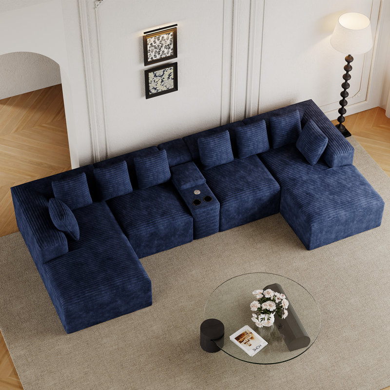 Canapé modulaire de 5 pièces sans assemblage avec chaises, console et porte-gobelet, Bleu