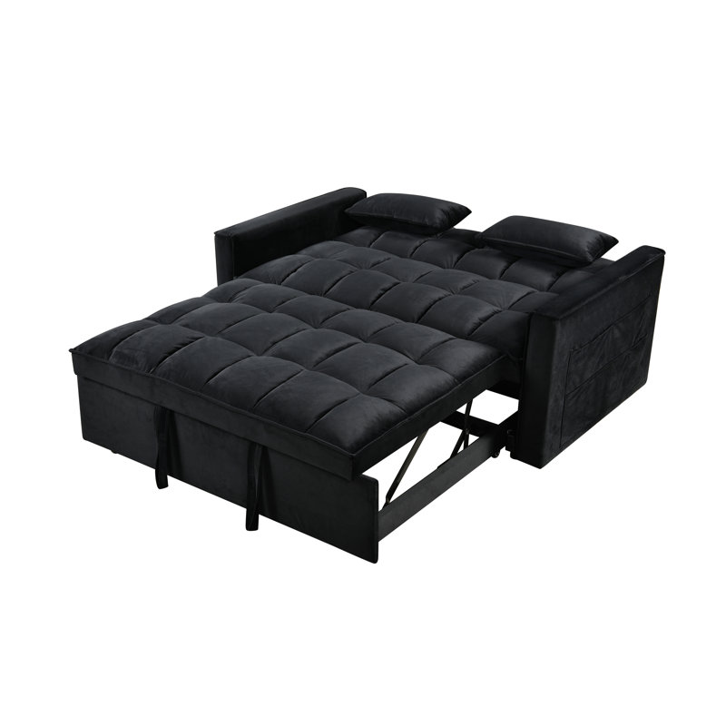 Darius 3-in-1 Convertible Velvet Sleeper Loveseat with Reclining Backrest, Black