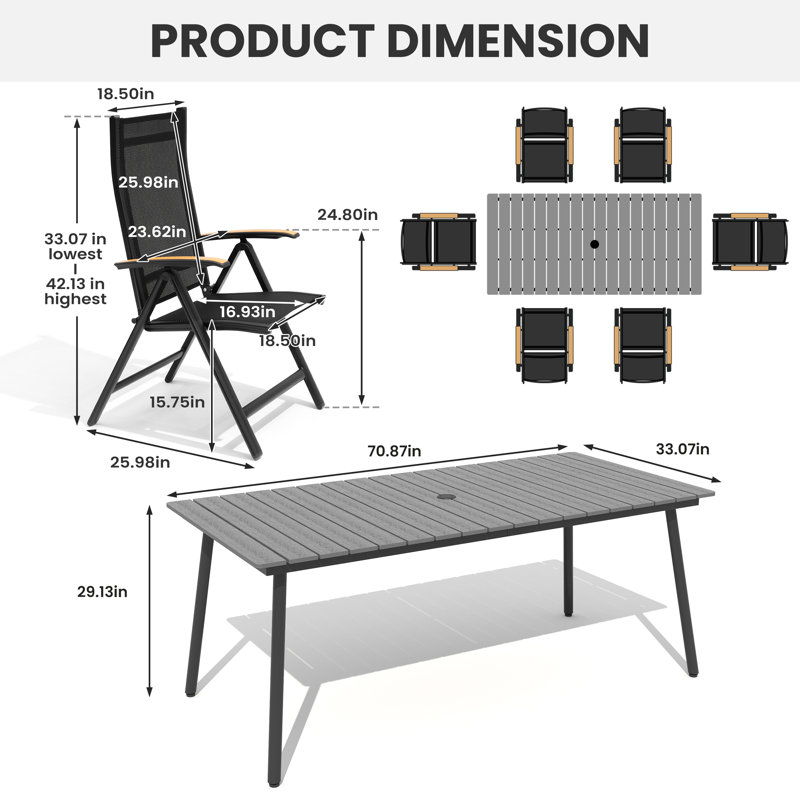 6-Person Outdoor Dining Set with Aluminum Frame  and Folded Reclining Armchairs, 29.13" H x 70.9" L x 33.1" W, Gray