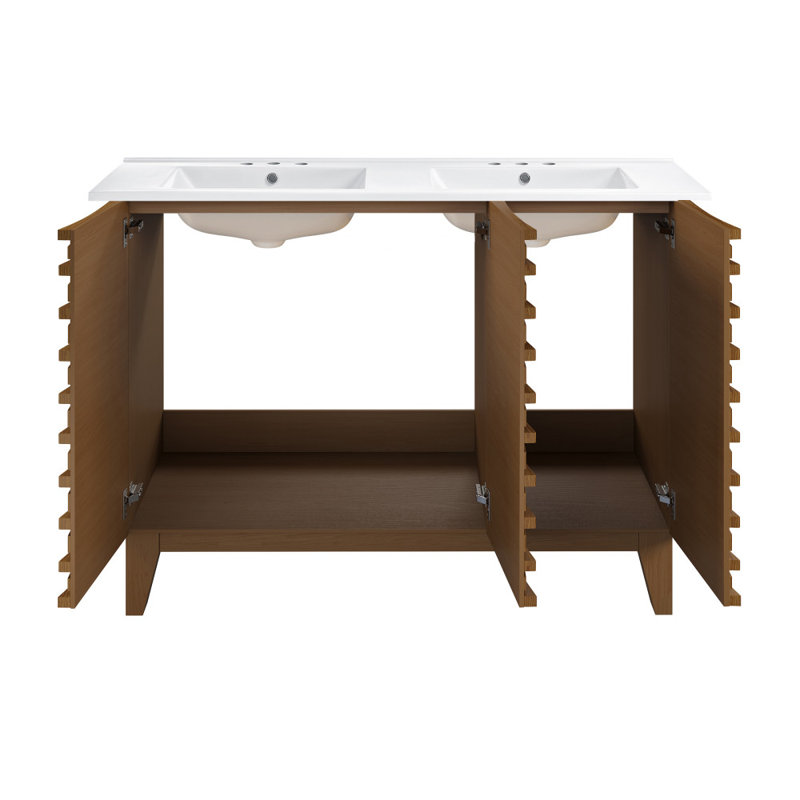 Cascade 48 po Meuble-lavabo double avec comptoir à 3 trous en céramique, Blanc, Brun
