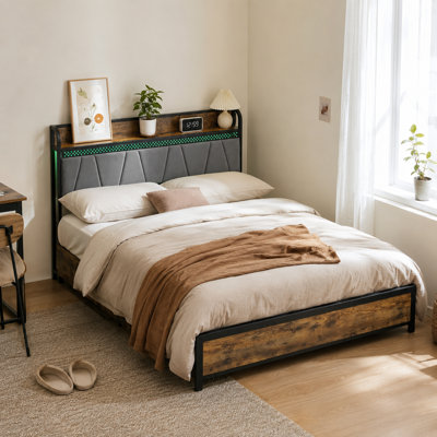 Queen-Size Two-Tone Bed Frame With Storage Headboard, Charging Station, And Four Drawers. Features LED Lighting. Available In Brown And Gray.
