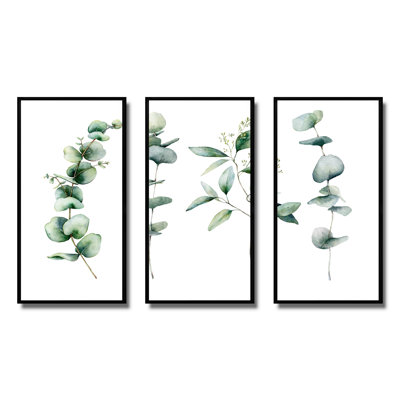 Green Eucalyptus Branches I - 3 pièces, peinture sur toile à cadre flottant