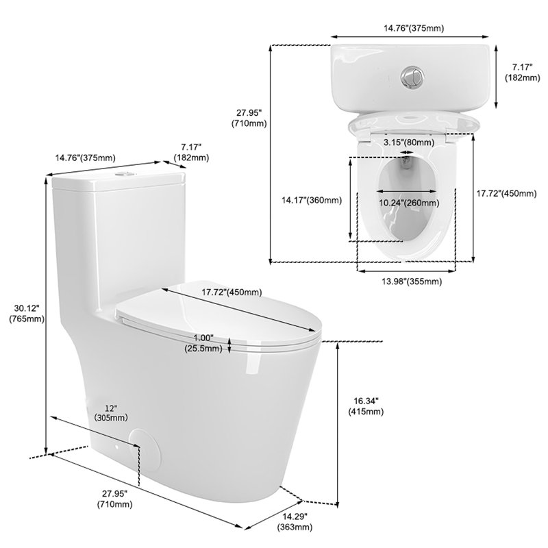 1.1/1.6 Toilet, Elongated, Ceramic, White, Comfortable, Soft Close Seat, & , T036wt White , Comfortable Height,